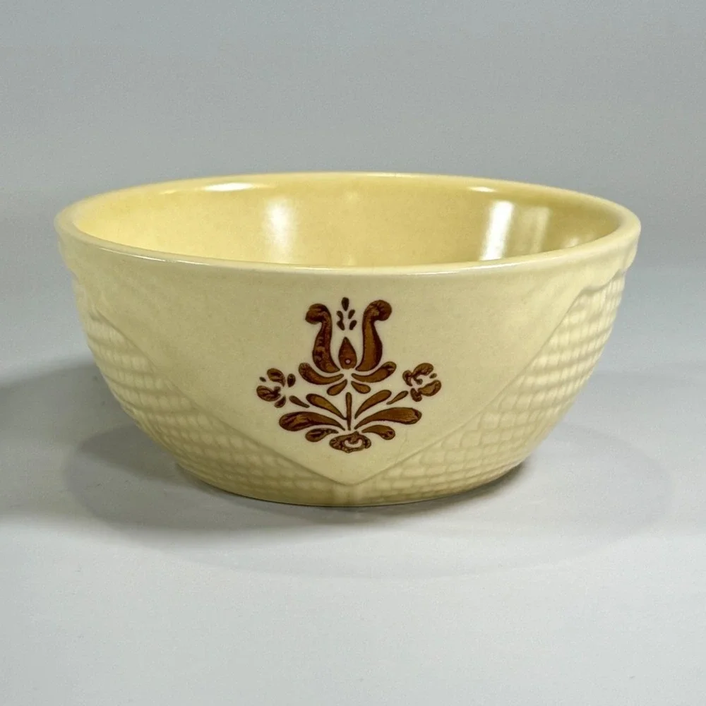 VTG Pfaltzgraff Village Basket Weave Serving Bowl Tan Brown Floral Stoneware 5
